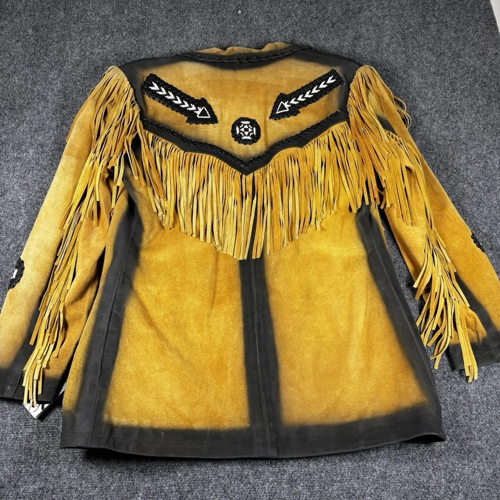 3B West Leather Fringe Jacket Womens L Tan Black Indian Eagle Western NWT - Picture 9 of 9